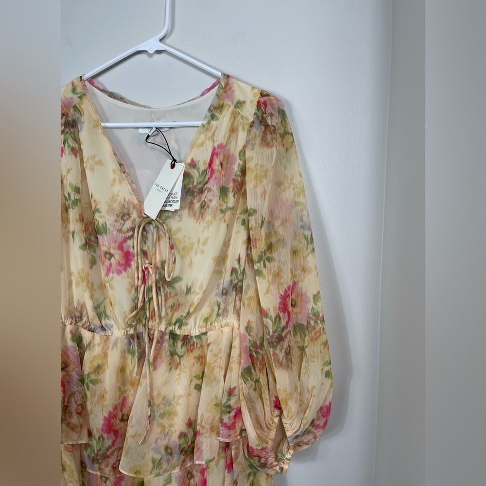 Ted Baker V-Neck GGT Printed Tie-front Mini Floral Chiffon Dress Yellow Accents - Picture 4 of 16